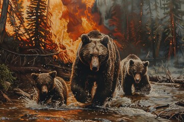 Bears are running away from a forest fire, a natural disaster, animals are fleeing from a burning forest