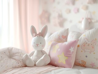 A realistic 3D render of a baby pillow with cute prints