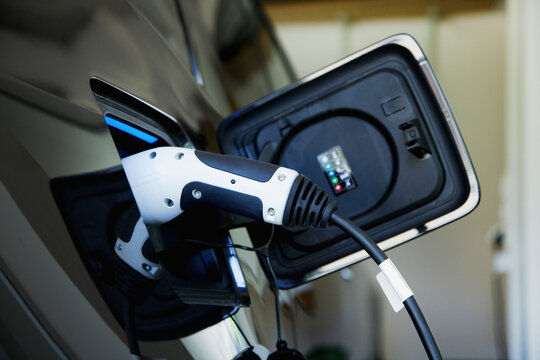 Electric Car Charging, Close-up View
