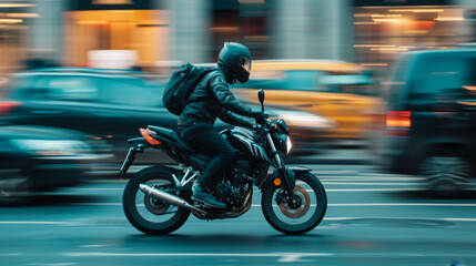 Motorcycle rider in helmet and gear racing at high speed on the nighttime background with motion blur