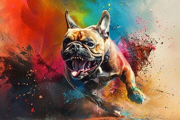 A french bulldog in full roar, charging forward with a fierce expression