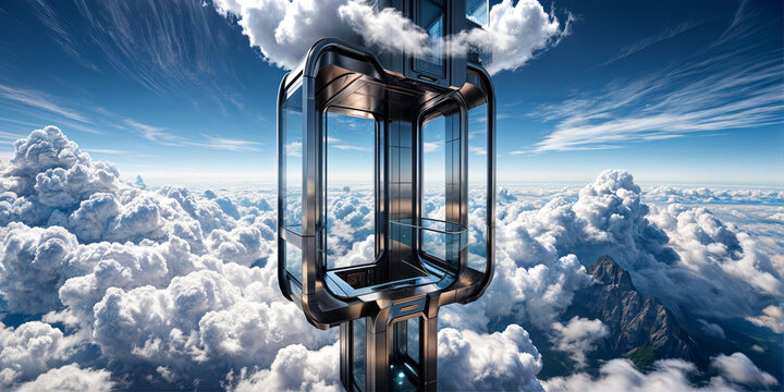 futuristic elevator is seen floating above the clouds, with a clear cabin and metallic frame. The sky is blue with white clouds, and there are mountains visible through the clouds below.