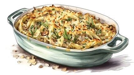 A casserole dish filled with mushrooms and cheese,