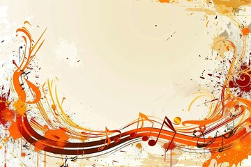 Cute flat vector abstract background with musical notes and waves, white space in the center for text or message, colorful in the style of turquoise, orange and blue, beige