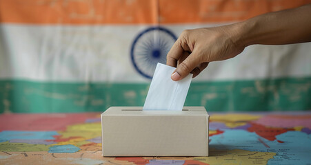 Concept of voting or elections in India, a hand depositing a ballot paper into the ballot box with Indian flag as a background 