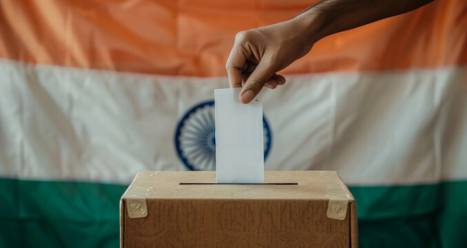 Concept of voting or elections in India, a hand depositing a ballot paper into the ballot box with Indian flag as a background 