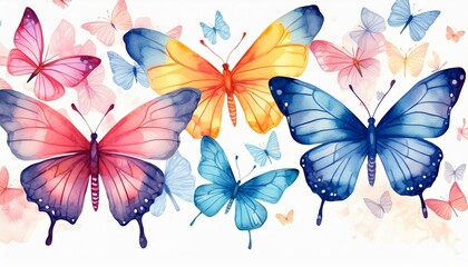 Watercolor colorful butterflies, isolated on white background. blue, yellow, pink and red butterfly spring illustration.