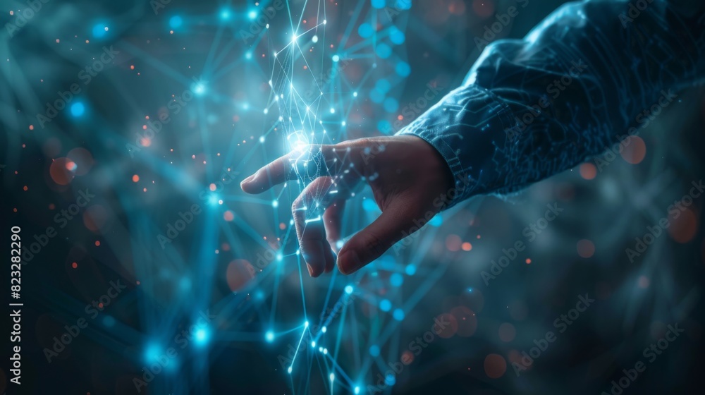 Leinwandbilder Businessman hand touching of digital data network transformation for next generation technology on cyberspace, Internet network and digital software development, Algorithm, Metaverse and data science.