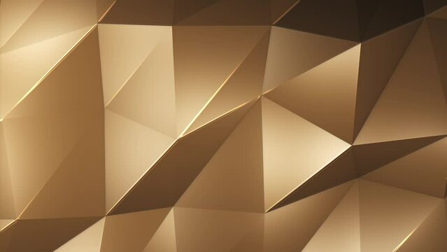 Glowing golden low poly surface background with the gentle motion of shiny polygon triangle shapes and warm golden light. Full HD and looping abstract geometric background animation.