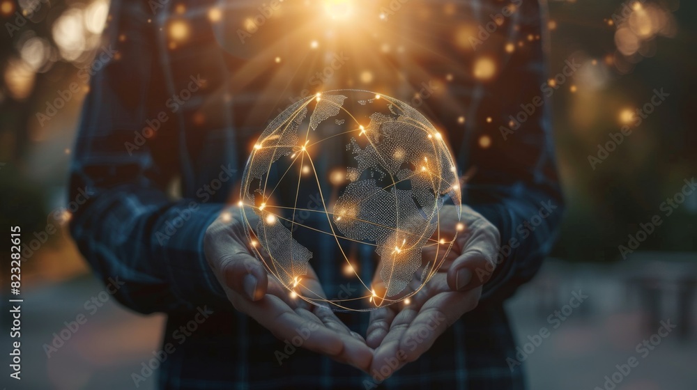 Poster Businessman holding global network connection on social networking and customer data analytics,