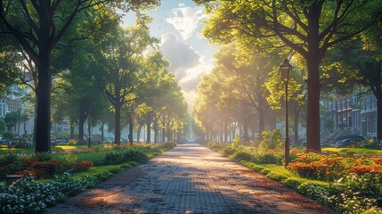 A peaceful morning walk through a tree-lined path in a city park, bathed in warm sunlight and surrounded by lush greenery.