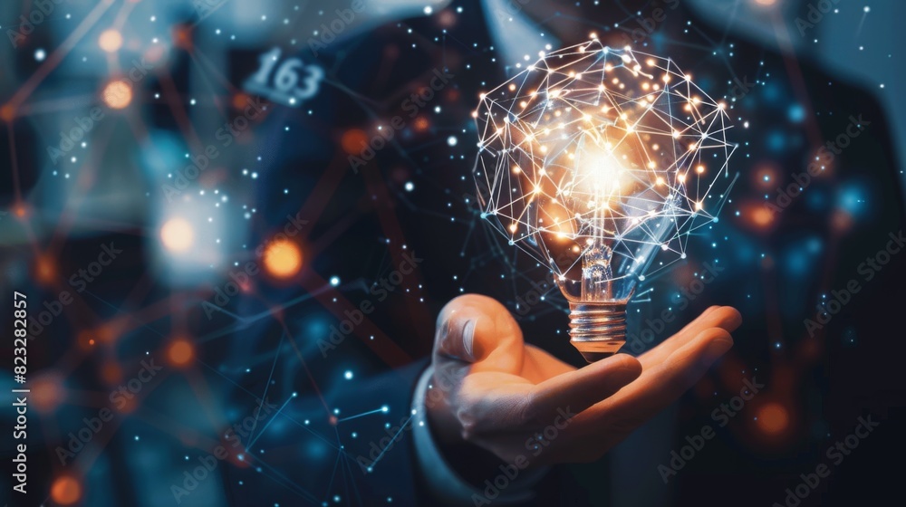Poster businessman holding light blub with virtual global internet connection. global internet connection a