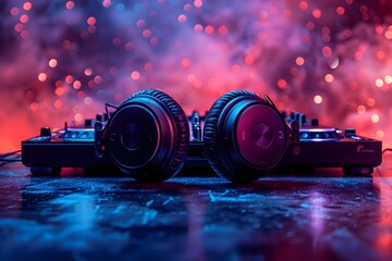 Vibrant CloseUp of DJ Equipment and Headphones Glowing in Colorful Lights
