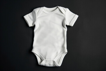 White baby onesie isolated over black background Good for insert your design White new baby bodysuit Closeup Empty place for text or logo on apparel 