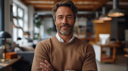Obraz premium Confident mature man smiling with arms crossed in a modern office setting, showcasing professionalism and success.
