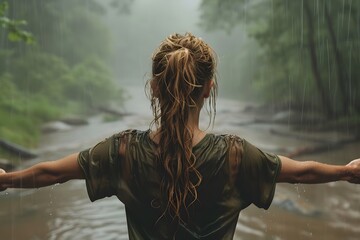 Adventurous Woman Embracing Nature in Rainy Forest by Peaceful River
