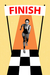 Vertical photo collage of young strong sportswoman running marathon finish line flag winning...