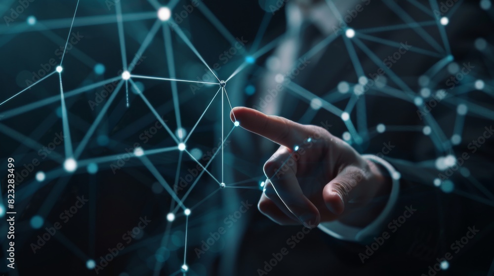 Poster businessman touching multimedia network with his finger 3d rendering