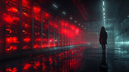 Silhouette of a person standing in a dark server room illuminated by red lights, reflecting off the polished floor, creating an eerie ambiance.