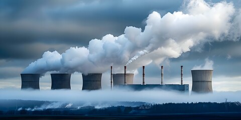 Smoke billows from nuclear power plant cooling towers: A cause for concern. Concept Nuclear Power, Cooling Towers, Smoke Billows, Environmental Concerns, Public Safety