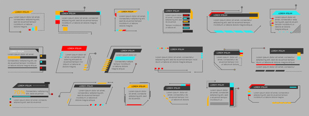 Hud callout titles. Futuristic text boxes, digital callouts bar labels. Digital futuristic infochart for visualization objects. Interface elements HUD, UI, GUI.