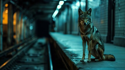 A lone coyote at a deserted subway platform.