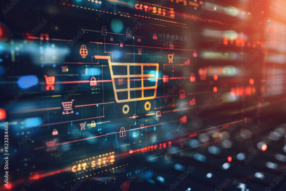 Aufkleber digital shopping cart and secure payment icons in high tech cyber environment with neon lights