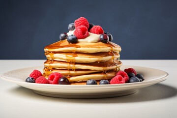 Tasty pancakes on a porcelain platter against a white background