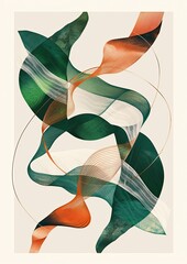 Modern Hanging Print: Emerald Green and Copper Art, Curves, Expressive Lines, Soft Shapes, Beige Background