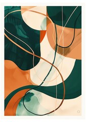 Soft Shapes Wall Art: Emerald Green and Copper Print with Curves, Expressive Lines, Beige Background, Suspended Style