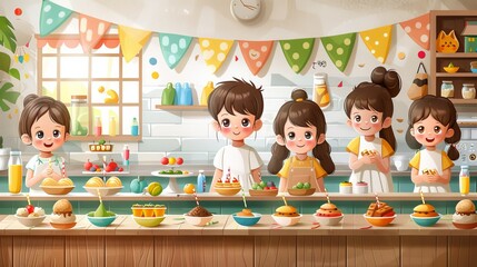 Vector illustration of a Children's Day classroom party with children and teachers, enjoying snacks and activities in a decorated room Generative AI