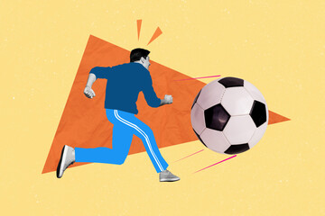Creative collage illustration of professional sportsman shoot huge ball playing football game...
