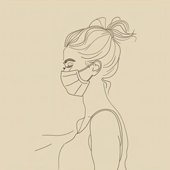 Minimalist Woman's Mask: Hand-Drawn One-Line Style Illustration, Minimal Design with Protective Mask