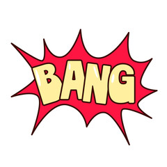 Groovy cartoon sticker with red speech bubble and Bang text. Funny retro Bang word with yellow bubble font and cloud, sound of explosion, cartoon typography patch of 70s 80s style vector illustration