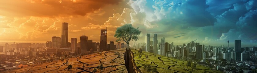 A divided city landscape with a single tree and cracked earth, illustrating the contrast between urbanization and nature.