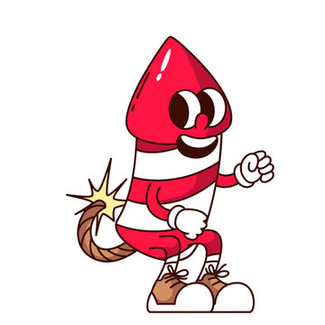 Groovy firecracker rocket cartoon character with burning wick. Funny retro firework with fire on rope, salute explosion mascot, cartoon firecracker sticker of 70s 80s style vector illustration
