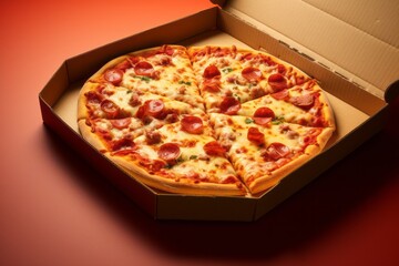 Tasty pizza in a bento box against a minimalist or empty room background