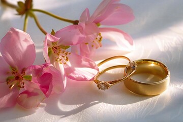 Elegant Wedding Rings adorned with Pink Flowers on a White Background
