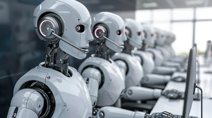 Fototapeta premium The image shows a row of humanoid robots sitting at a desk and looking at something. The robots are all wearing headsets and have their hands on the desk.