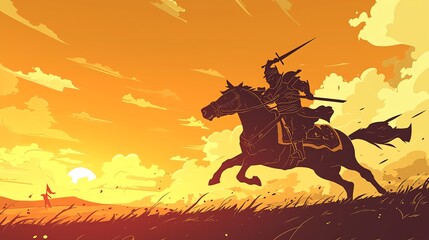 Knight on horseback at sunset. Amazing anime illustration suitable for desktop wallpaper. 