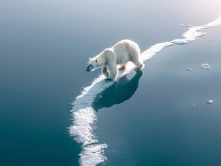 Fototapeta premium A polar bear walking on a thin strip of melting ice, symbolizing the effects of climate change and habitat loss in the Arctic.