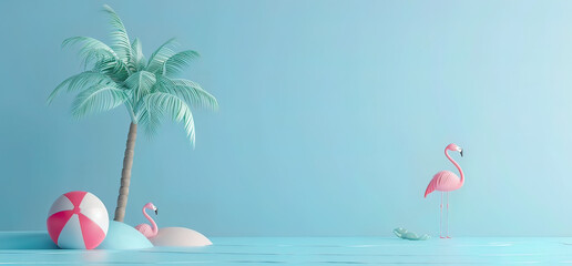 3D render of a minimal summer concept with a palm tree, beach ball and pink flamingo float on a blue background. Minimal summer theme. Bright colors and a solid background. The image is rendered in th