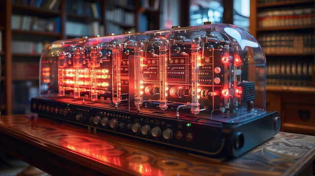 a quantum computer or a complex computational device, an intricate, futuristic machine with red and orange lights, encased in a transparent protective covering. a concept image in a high-tech or a lab
