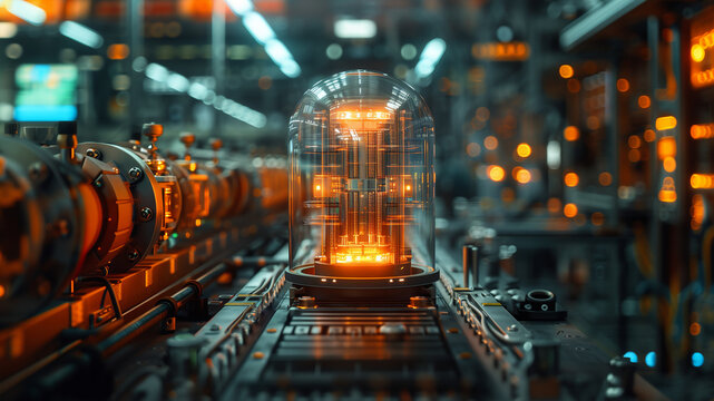 a close-up of an advanced device, a part of a quantum computer or advanced computational technology, with a bright orange light, a concept image in a high-tech lab or manufacturing facility