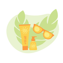 Summer sunscreens with SPF: lotion, cream, spray with palm leaf and abstract shape.