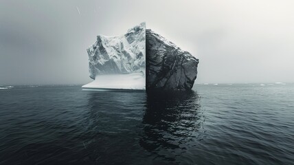 A solitary iceberg floating in the ocean embodies the quiet strength of nature, with a moody overcast sky and tranquil seascape