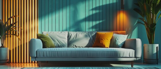 A grey sofa against an emerald blue wall with wooden slats on the side, featuring geometric patterns and soft lighting