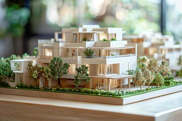 Real Estate Agent Presents Affordable Homeownership and Security Solutions with Model House Display on Table made of Wood