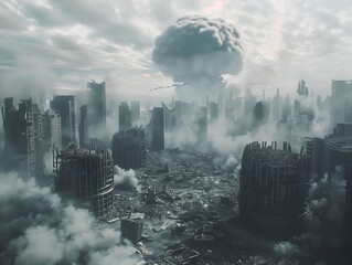 Nuclear War Aftermath Buildings Ruins Nuclear Explosion in the Distance