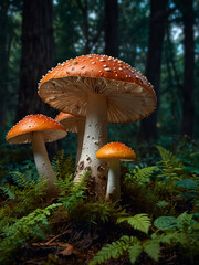 Fototapeta premium a group of mushrooms in the forest with a forest background